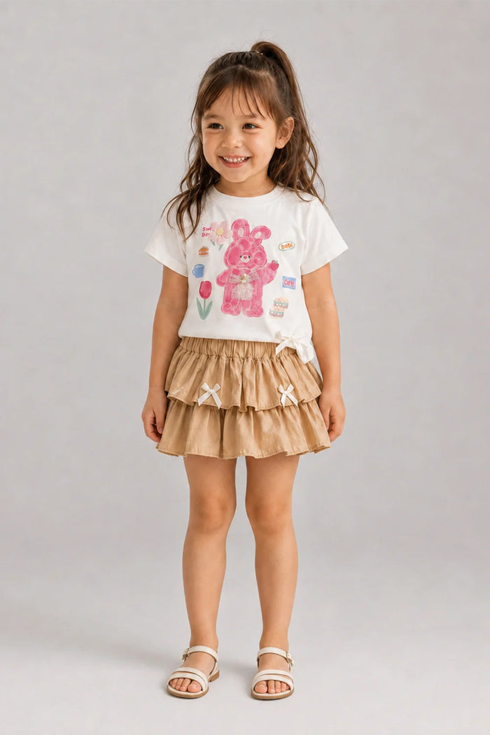 Girls Bunny Print Ruffle Skirt Set