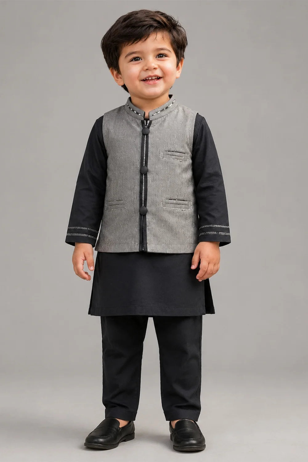 Boys Grey Embroidered Waistcoat Shalwar Kameez