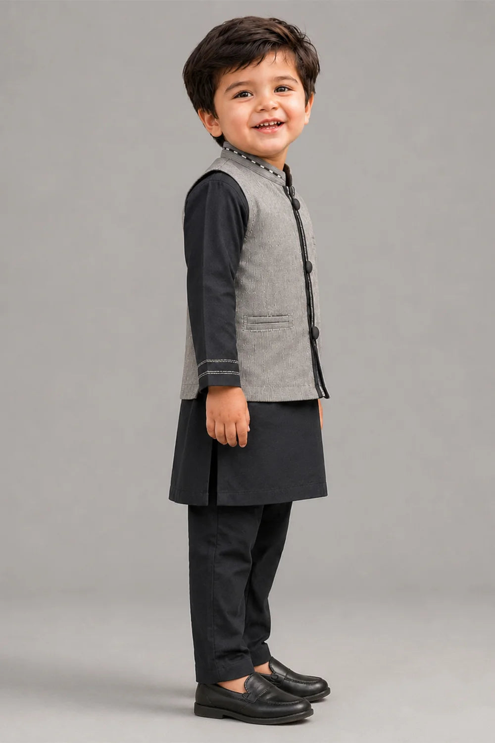Boys Grey Embroidered Waistcoat Shalwar Kameez