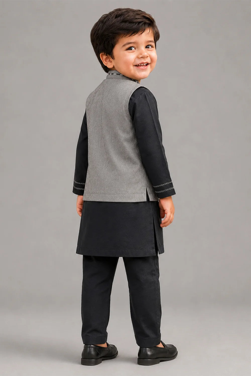 Boys Grey Embroidered Waistcoat Shalwar Kameez