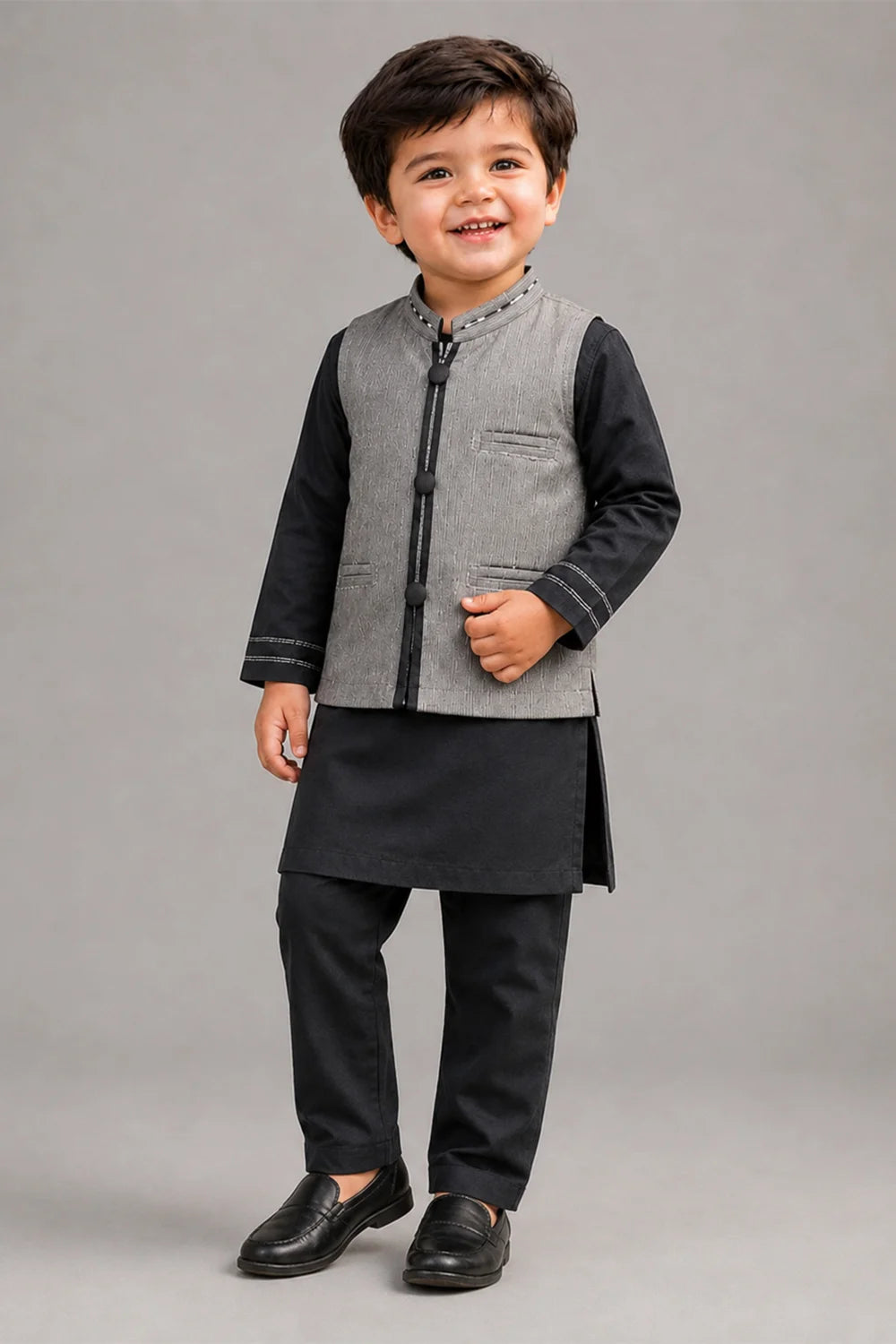 Boys Grey Embroidered Waistcoat Shalwar Kameez