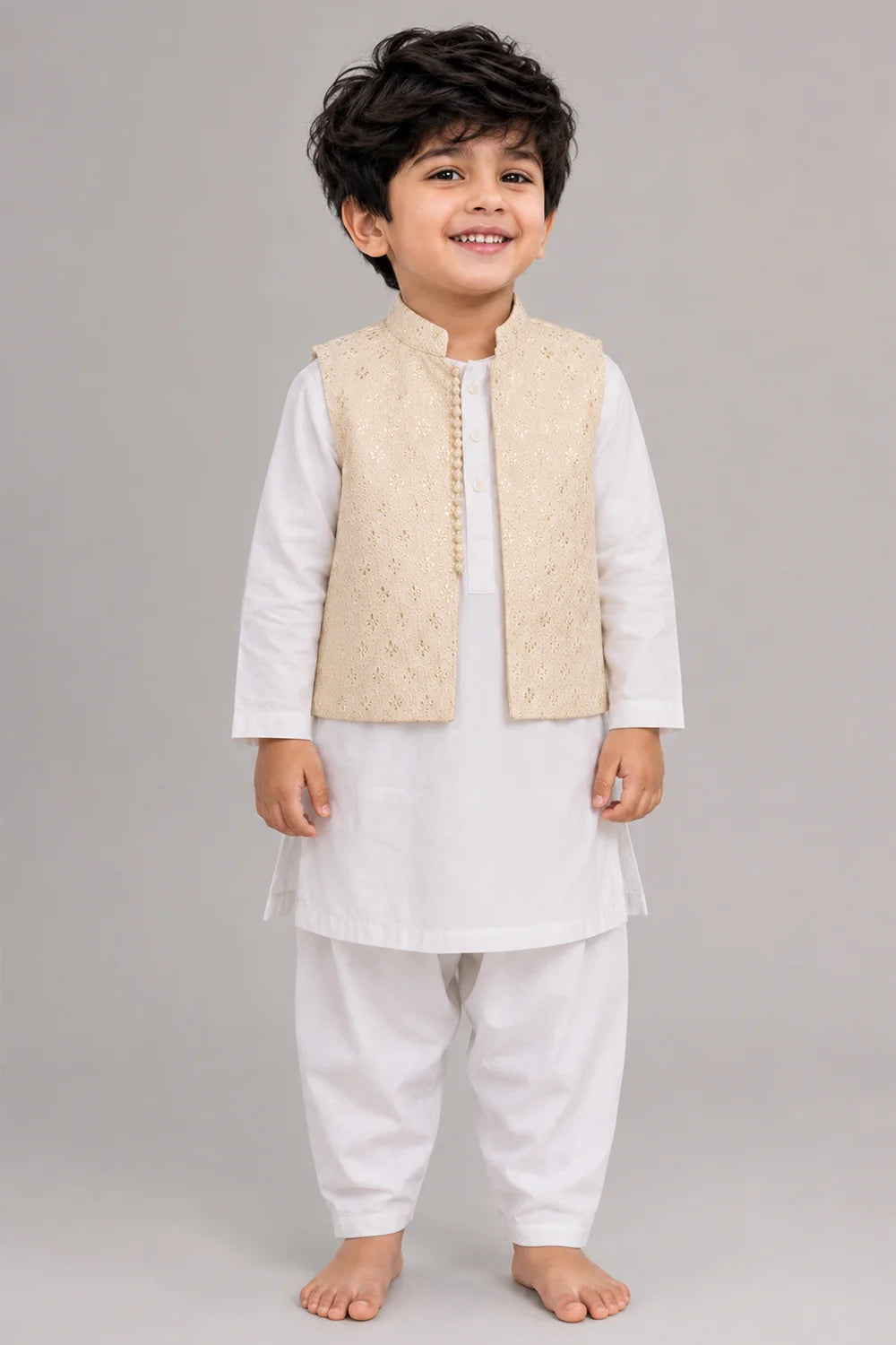 Boys Ivory Waistcoat Kurta Shalwar Set