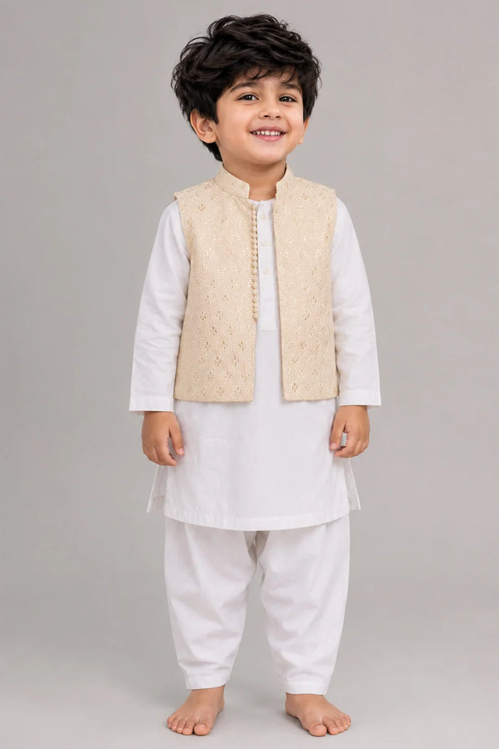 Boys Ivory Waistcoat Kurta Shalwar Set