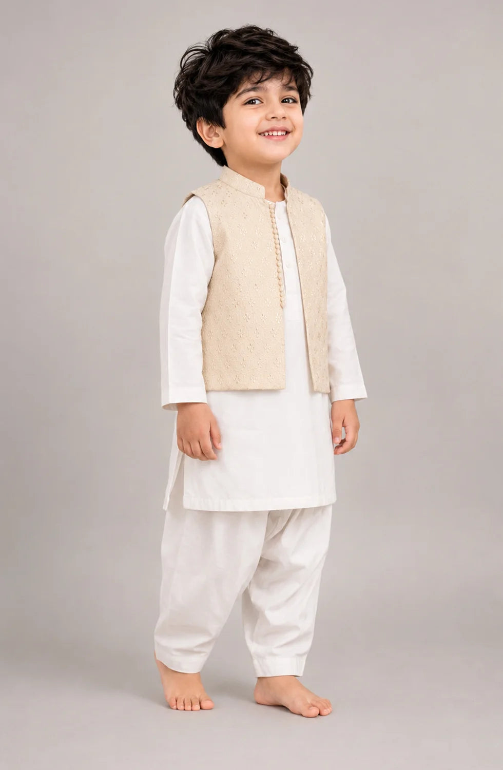 Boys Ivory Waistcoat Kurta Shalwar Set