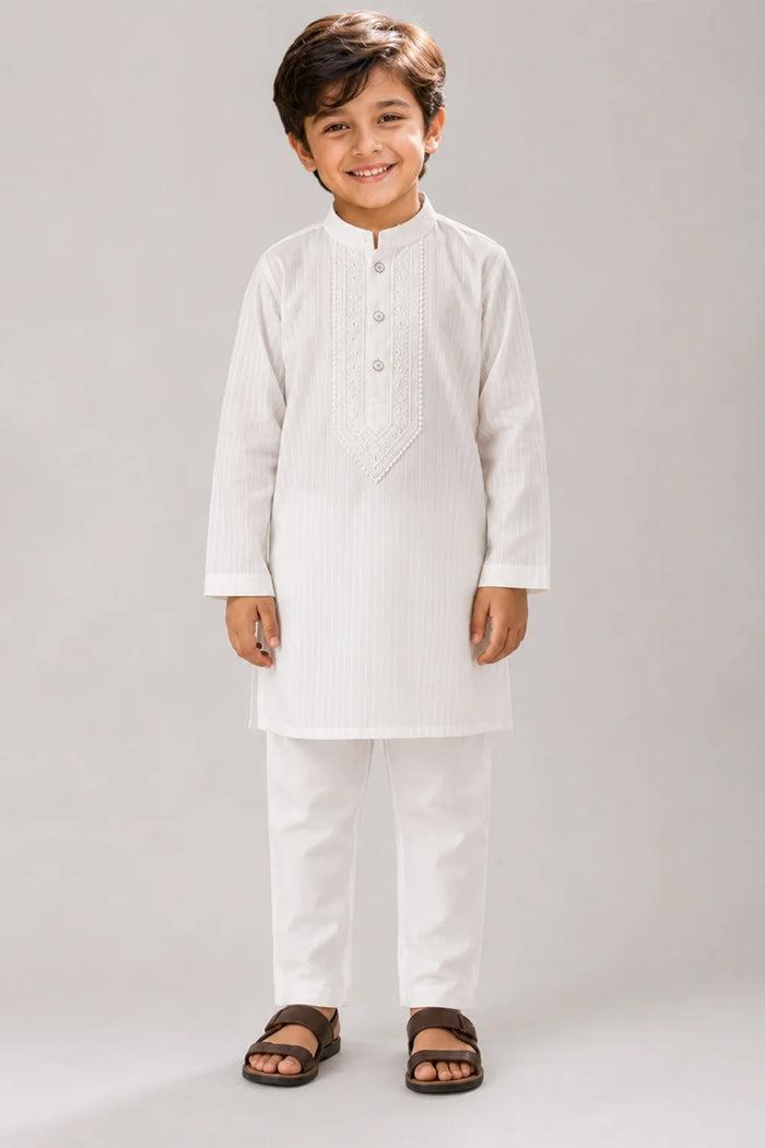 Boys White Embroidered Kurta Pajama Set