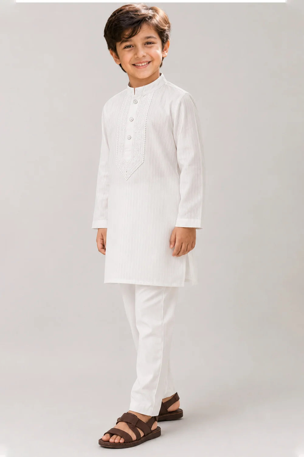 Boys White Embroidered Kurta Pajama Set