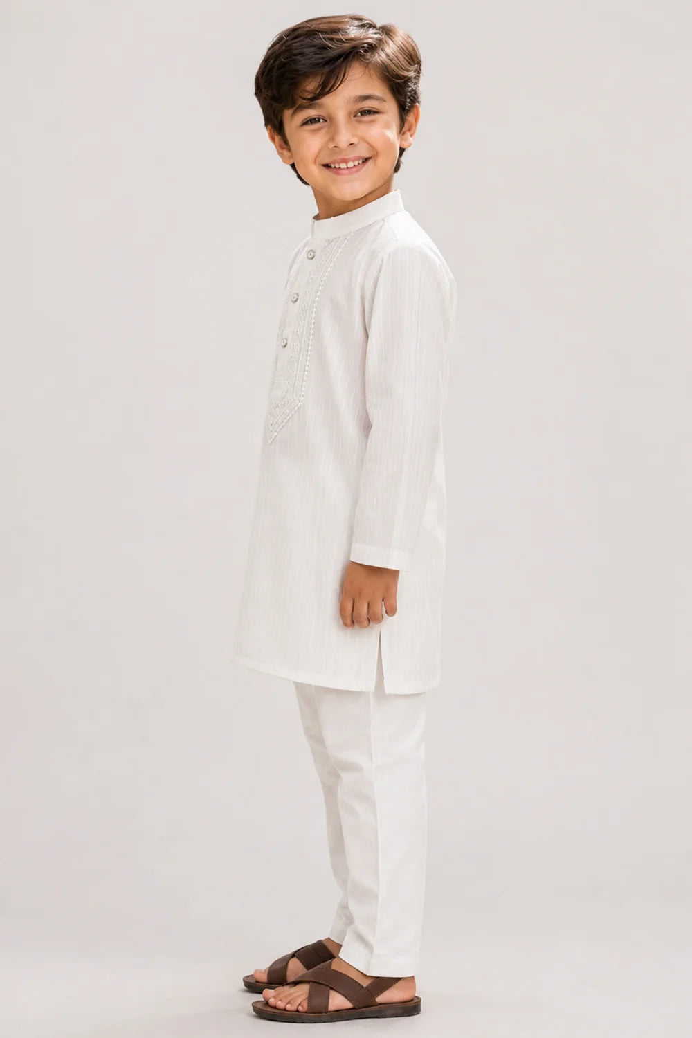 Boys White Embroidered Kurta Pajama Set