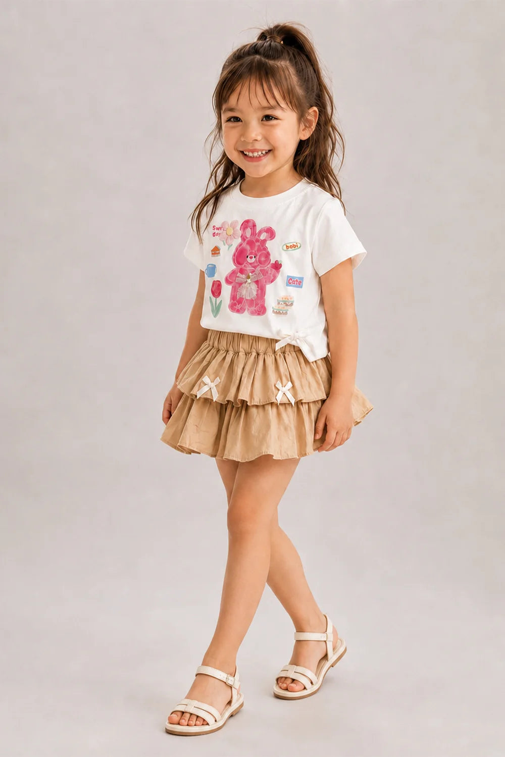 Girls Bunny Print Ruffle Skirt Set