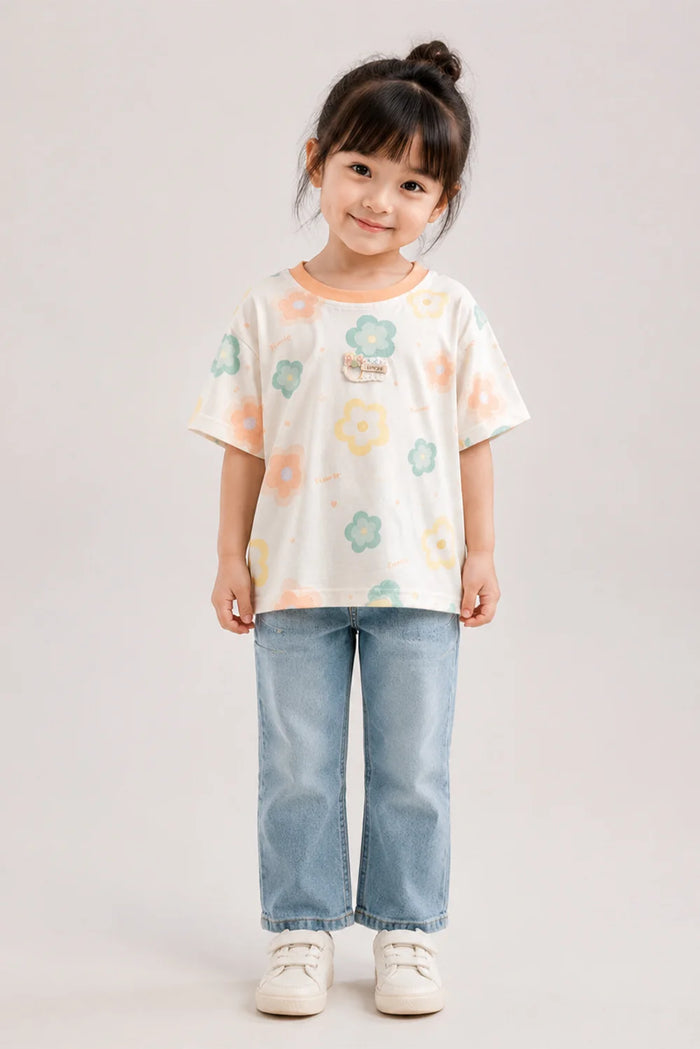 Girls Pastel Floral Printed Cotton T-Shirt