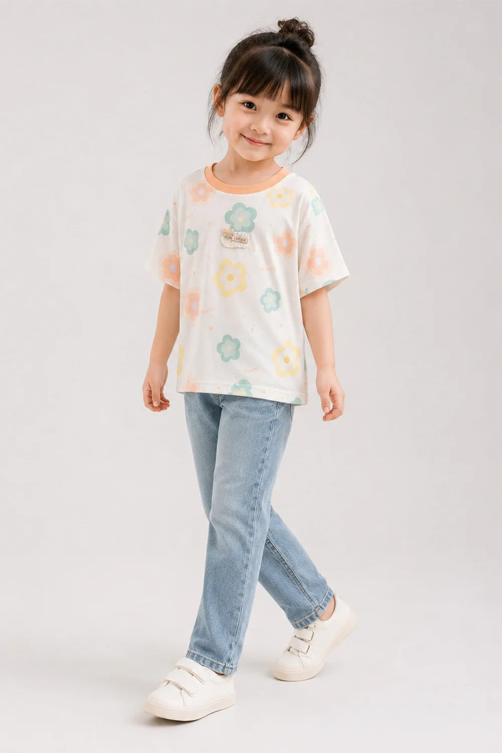 Girls Pastel Floral Printed Cotton T-Shirt
