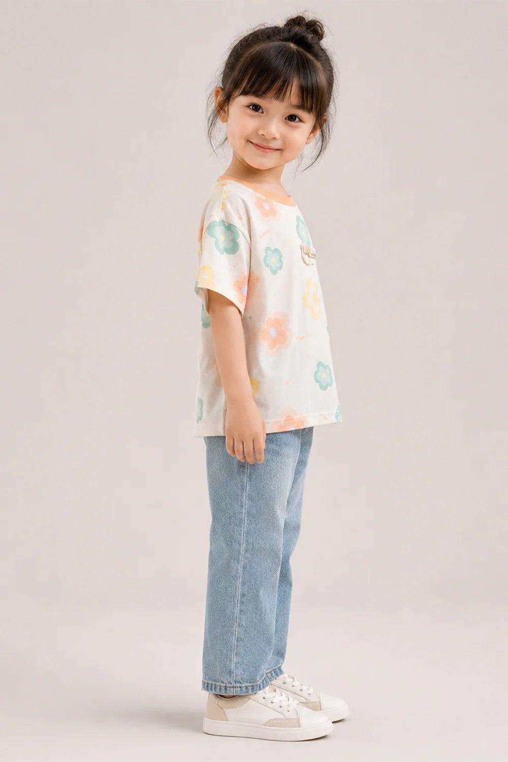 Girls Pastel Floral Printed Cotton T-Shirt