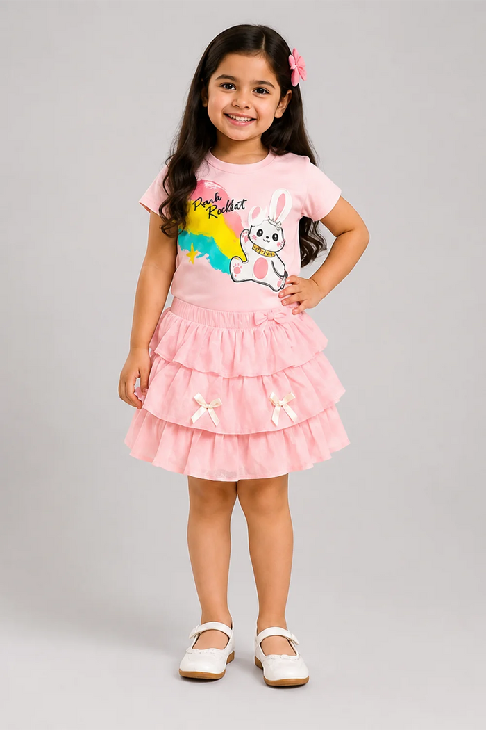 Girls Pink Bunny Ruffle Skirt Set