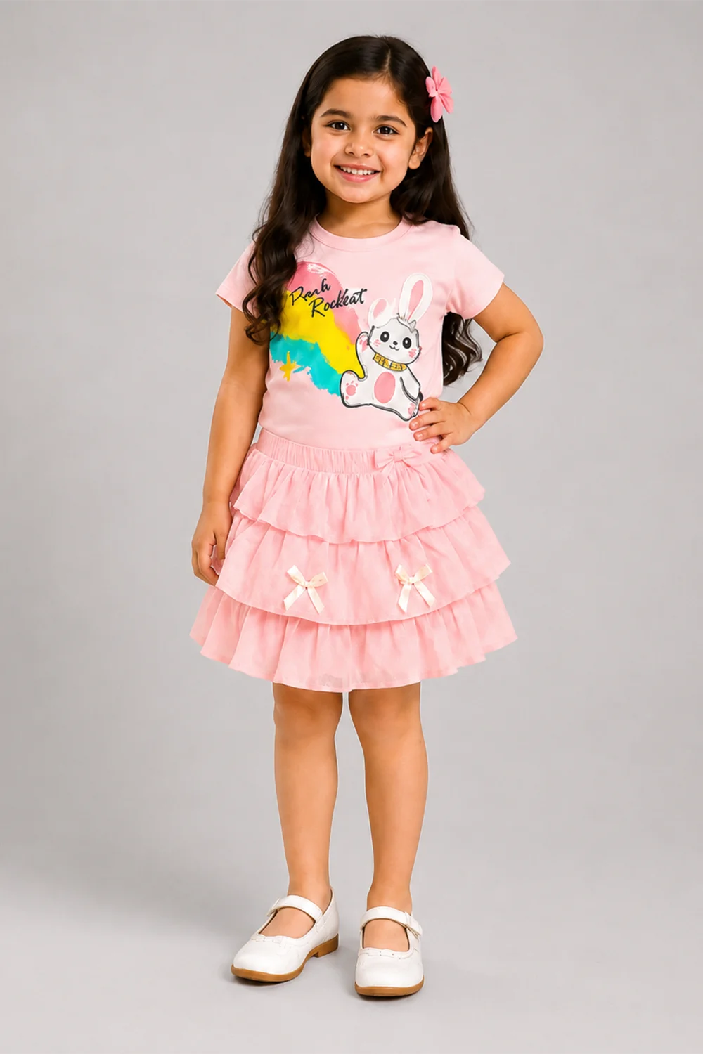 Girls Pink Bunny Ruffle Skirt Set
