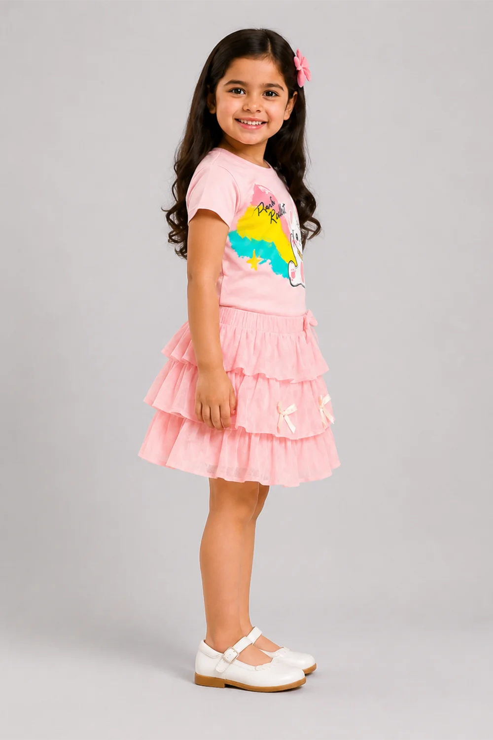 Girls Pink Bunny Ruffle Skirt Set