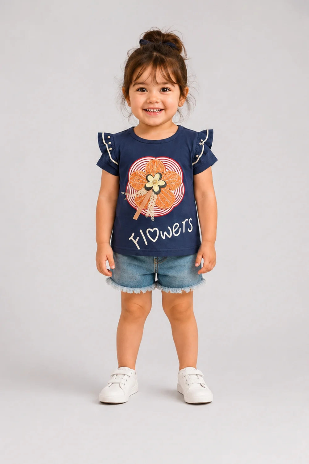 Girls Floral Ruffle Tee & Denim Shorts Set