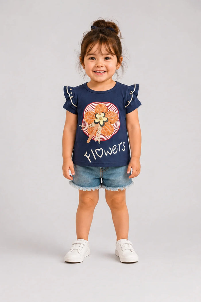 Girls Floral Ruffle Tee & Denim Shorts Set