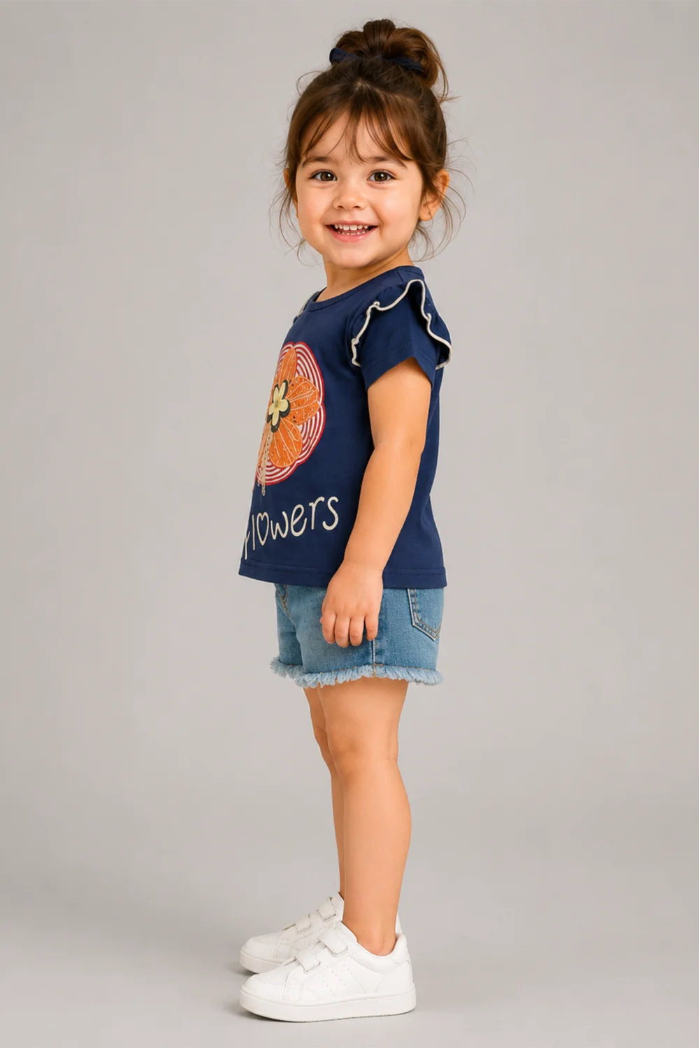 Girls Floral Ruffle Tee & Denim Shorts Set