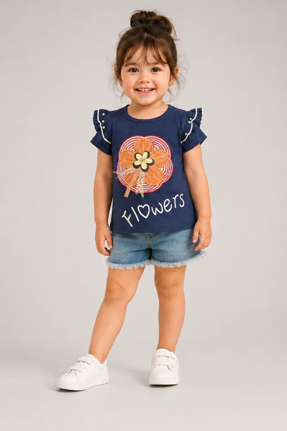 Girls Floral Ruffle Tee & Denim Shorts Set
